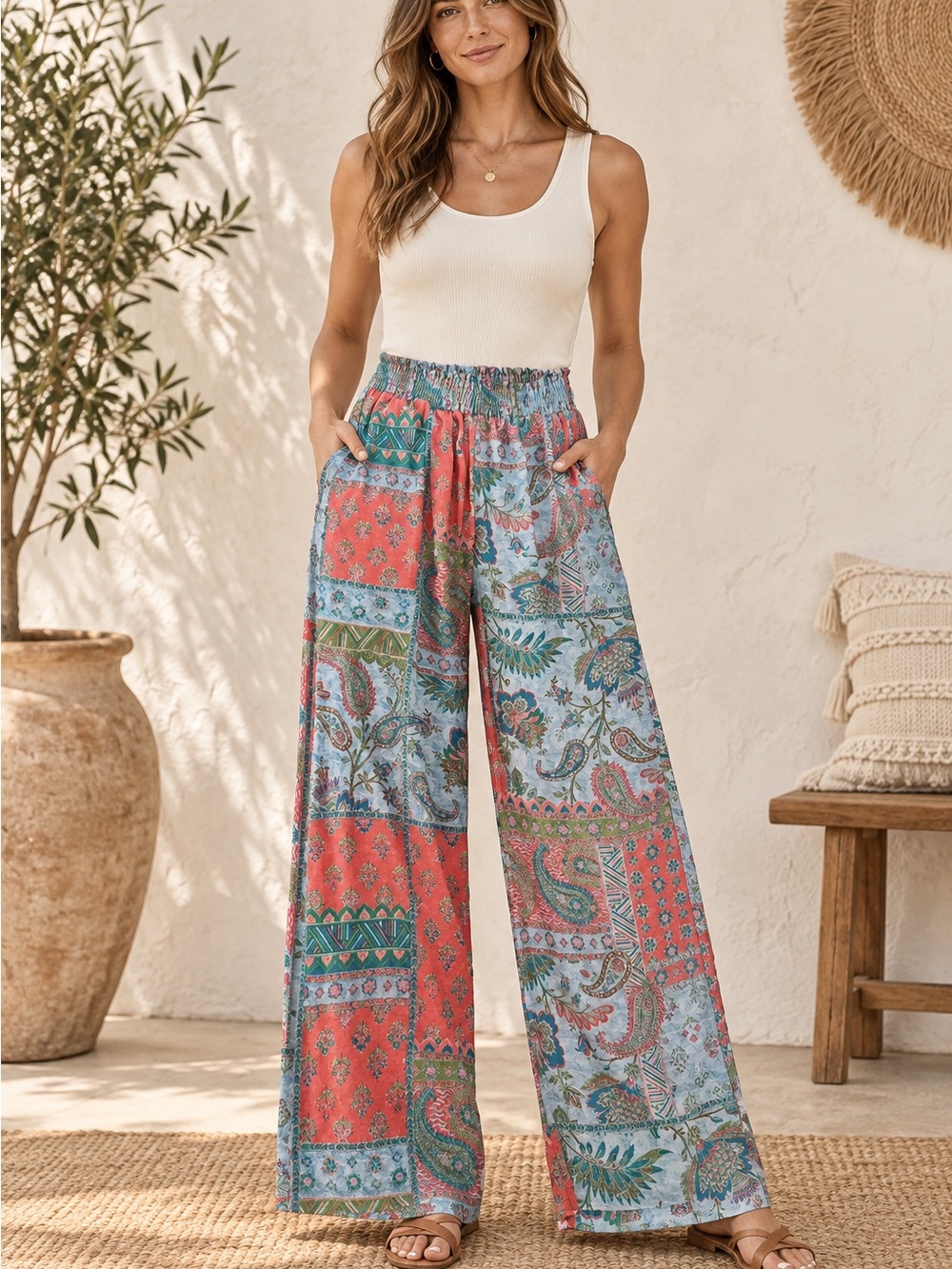 NWT Rose & Olive Patchwork Wide-Leg Pants (080789) 🌼 ☮️